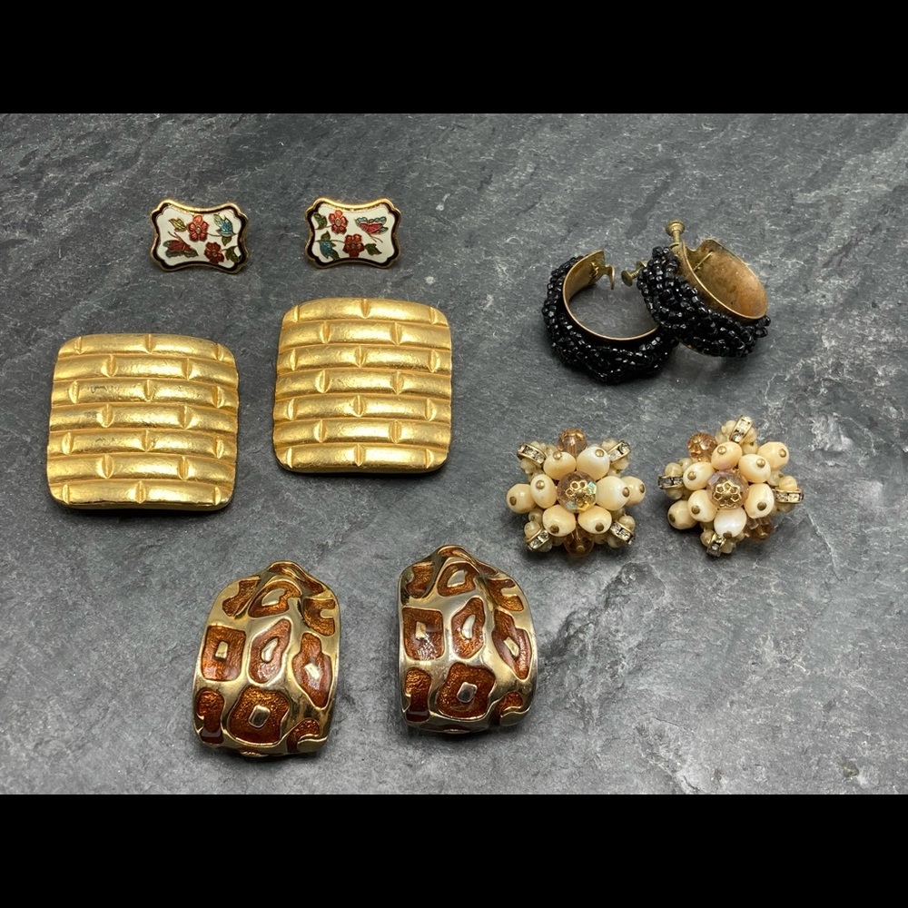 CLIP-ON Women’s Vintage Bundle 5x pairs earrings silver gold cloisonné